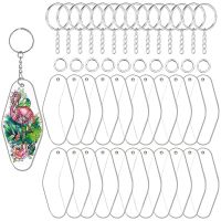 90PCS Clear Blank Acrylic Hole Keychain Motel Shape Key Tag Key Ring Diamond Retro Painting Holiday Decoration