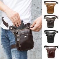 Mens Vintage Denim Leather Leg Bag Outdoor Sports Cowhide Cell Phone Waist Pack Motorcycle Riding Waist Pouch