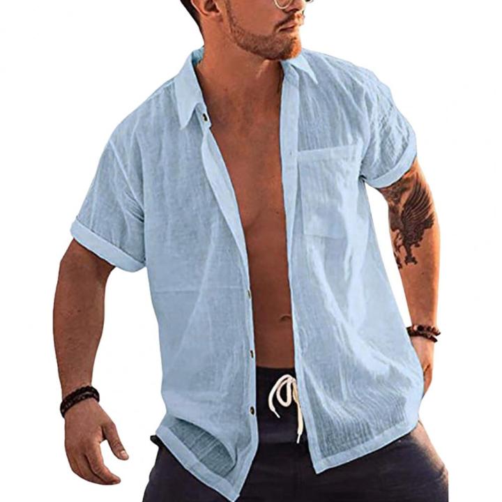 เสื้อกระดุมแถวเดียวทรงหลวมเสื้อเย็บแขนสั้นตั้งแน่นมีปกกระเป๋าเสื้อผู้ชายฤดูร้อน2023