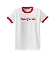 เสื้อยืด คอกลม สีขาว แขนจั๊ม สีแดง แขนสั้น ลาย snap on  sn002