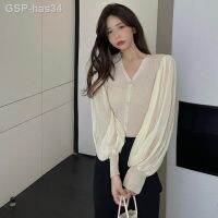 บอลลูนเสื้อกันหนาวแขนยาว Camisola De Malha Com Nervuras Femininas Botão Para Baixo Chiffon Blusa Ajuste Fino