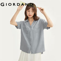 HOT ”GIORDANO ผู้หญิงเสื้อคู่กระเป๋า V คอน้ำหนักเบา Tencel เสื้อแขนสั้นปุ่มฤดูร้อน Fahsion เสื้อลำลอง05343467