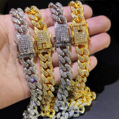 【CW】Hip Hop Men Women 9MM Prong Cuban Link Chain Necklace Bling Iced Out 2 Row Rhinestone Paved Miami Rhombus Cuban Necklace Jewelry