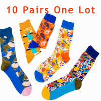 10 Pairs Happy Men Paisley Socks Fashion Street Hip Hop Combed Cotton Crew Dress Flower Stripe Pattern