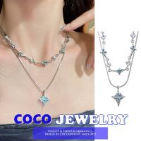 เครื่องประดับ COCOJEWELRY สร้อยคอเพทายรูปดาวสี่แฉกสองชั้นสีฟ้าเครื่องประดับสร้อยคอไฮเอนด์