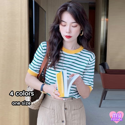 🎴MYF มาใหม่🎴เสื้อไหมพรมคอกลมแขนสั้น ลายริ้วแต่งกุ้นขอบสี 4 โทน