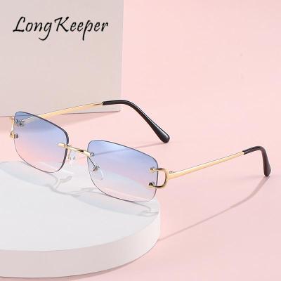 Y2K Rectangle Sunglasses Women Men Rimless Square Ocean Lens Sun Glasses 2023 Summer Shade Driving Uv Oval Goggles Oculos De Sol