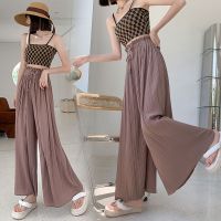 【Ready】? Fat mm large size black ice silk pleated wide-leg trousers summer thin hakama chiffon loose plus fat womens clothing 200 catties