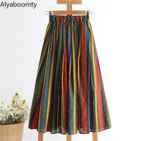 New Japanese Mori Girl Women Midi Skirt High Waist Colorful Striped Jupe Femme Longo Elegant Vintage Cotton Linen Skirts Womens