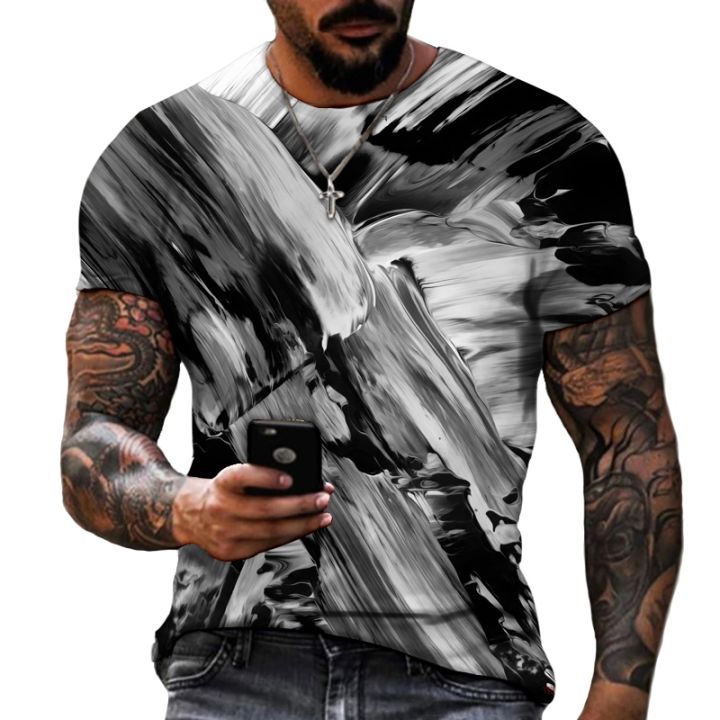 เสื้อโปโลสำหรับผู้ชายชุดทางการเสื้อยืดสีดำและสีขาวพิมพ์ลาย3d-สไตล์แอบสแตรกแขนแขนสั้นคอกลมภาพวาดศิลปะนามธรรม