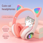 Tai nghe chụp tai Bluetooth mèo có đèn led chân mèo nhấp nháy dễ thương