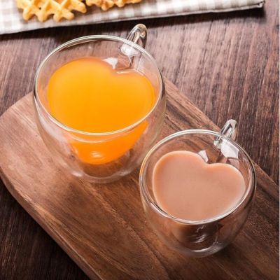 【High-end cups】ดื่มถ้วยชาแก้วผนังสองชั้นถ้วยชาทนความร้อนสร้างสรรค์รูปหัวใจแก้วน้ำผลไม้แก้วนมถ้วยกาแฟ