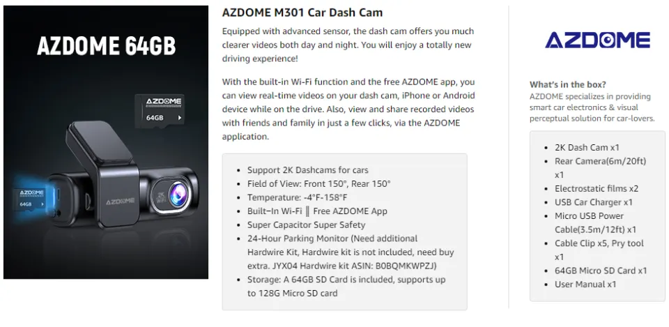 AZDOME M301 2K Dash Cam Front and Rear, Built in WiFi, Dual Dashcams for  Cars, Voice Control Car Camera with UHD 1440P, Night Vision, G-Sensor