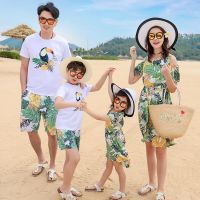 Family Matching Outfits Mother Daughter Beach Vocation Leaves Birds Dresses Summer Dad Son T-Shirt+Pants Children Clothing