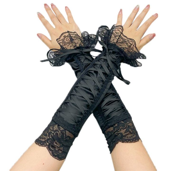 ถุงมือลูกไม้ยาวยาวถึงศอกครึ่งนิ้วของผู้หญิง-s-ถุงมือตาข่ายที่ไม่มีนิ้วตาข่ายมารยาทงานปาร์ตี้ฮาโลวีน
