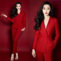 สีแดงธุรกิจชุดลำลองสตรีงานแต่งงาน Tailcoat ผู้หญิงแฟชั่นบางเดินทาง OL 2ชิ้นชุด (แจ็คเก็ตกางเกง)...