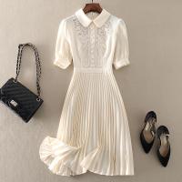 Pleasted Chiffon Dress 2021 Summer Sweet Embroidery Hollow Out Lace Short Sleeve Peter Pan Collar Mini Short Dresses Temperament