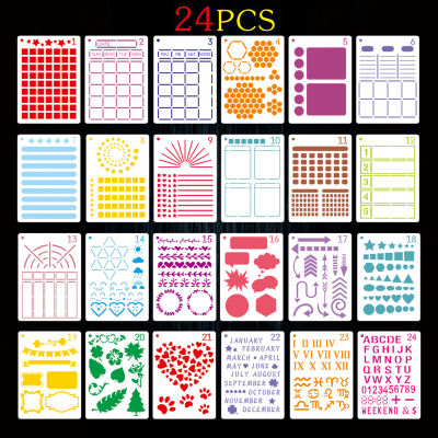 BQGBG63511 24PCS DIY Planner Log ภาพวาดแม่แบบ Journal Stencils Journaling Supplies Journal Stencil ชุด Doodle Template