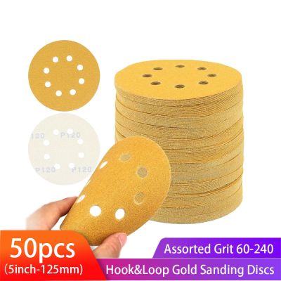5inch Gold Sanding Disc 50PCS 8 Hole Hook and Loop Sandpaper 60-240 Assorted Grits for DA Sander Dry Sand Paper Dustless