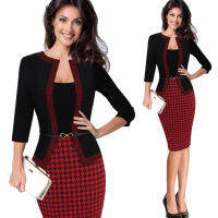 HGTE Womens Autumn Retro Faux Jacket One-Piece Polka Dot Contrast Patchwork Wear To Work Office Business Sheath Dress