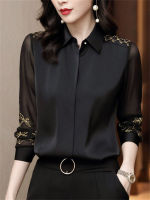 xfcbfWomen Spring Autumn Style Chiffon Blouses Shirts Lady Embroidery Long Sleeve Turn-down Collar Lace Decor Blusas Tops