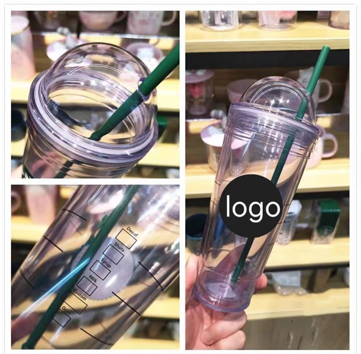 high-end-cups-ใสสองชั้นที่มีโลโก้ถ้วยกาแฟพลาสติก16ออนซ์สะดวกถ้วยแบบพกพาฟางถ้วยน้ำผลไม้ถ้วยน้ำถ้วยของขวัญ
