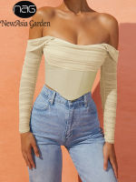 NewAsia Mesh Corset Blouse Fall See Through Off Shoulder Lining 2Layer Boned Bodycon Shirt Zipper Anti-Slip Crop Tops Women 2021