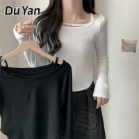 Du Yan เสื้อยืดแขนยาวสำหรับผู้หญิง,เสื้อทีเชิ้ตสัมผัสการออกแบบคอกลมทรงสลิม Cewek Seksi เสื้อยาวปิดถึงก้นด้านในสีทึบขนาดพิเศษ