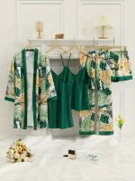 geegostudio Leaf Print Pajama Set, Long Sleeve Robe With Belt &amp; V Neck Slip Dress &amp; Cami Top &amp; Short &amp; Pants, Womens Sleepwear &amp; Loungewear