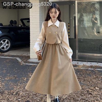 2023ร้อน✖WTEMPO เสื้อคลุมแขนยาวสองชิ้นของผู้หญิงชุดเดรสเข้ารูปยาวปานกลางเกาหลีขายส่ง