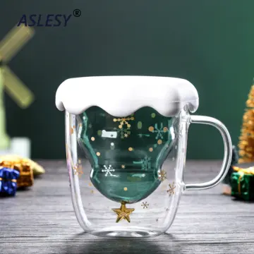 300ml Christmas Wish Glass Cup with Lid Double Layer Glass Cute Coffee Mug  Cartoon Christmas Tree Star Water Cup Xmas Gifts