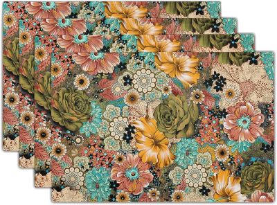 【CC】✳✔  Boho Placemats Colorful Floral Set of 4 Abstract Table Mats Non-Slip Washable