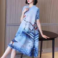 Fashion pleated summer middle-aged mother retro cheongsam o neck short sleeve new dress big chiral fat mm print a word skirt