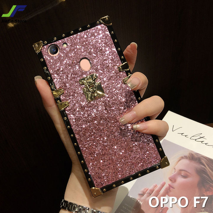 jiefie-เคสโทรศัพท์-oppo-f7-เคสกันกระแทกชุบโครเมียมสี่เหลี่ยมผงแฟลชสำหรับโทรศัพท์