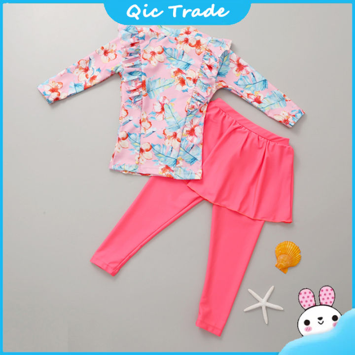 2-pcs-girls-swimsuit-suit-princess-style-sun-resistant-long-sleeved-floral-printed-top-solid-color-trousers-swimwear-set