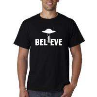 เสื้อยืดสตรี BELIEVE Letter And UFO Print Women Short Sleeve O-Neck Tops &amp; Tees Black