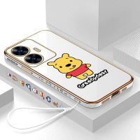 เคสโทรศัพท์พร้อมสำหรับ Realme เคส C55 Realme เคส C55 (ฟรีสายคล้อง) น่ารักการ์ตูนหมีพูห์หมีขอบสี่เหลี่ยมลวดลายเคสโทรศัพท์ชุบชุบหรูหราเคสโทรศัพท์นิ่ม