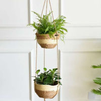 2Pcs Hand-Woven แขวนดอกไม้ตะกร้าหม้อแขวนสวนกระเช้าแขวนสวน Potted ดอกไม้ฟางหม้อ