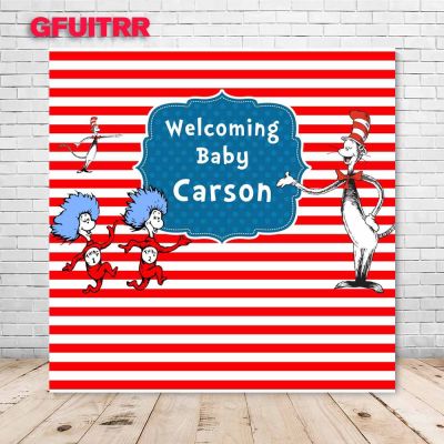 GFUITRR Cat in the Hats Photography Backdrop Boys Birthday Baby Shower Dr Seuss Photo Background Red Vinyl Photo Booth Props