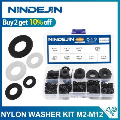 NINDEJIN 465Pcs สีดำสีขาวเครื่องซักผ้าไนลอนชุด M2 M2.5 M3 M4 M5 M6 M8 M10 M12 M14 M16พลาสติกธรรมดาเครื่องซักผ้าแบนชุด