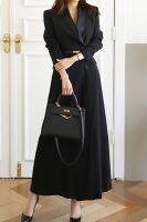 New Autumn Winter Office Lady Runway Designer Women Long Trench Coat Notched Collar Wrap Black Maxi Outwear