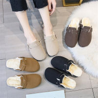 New Winter Women Warm Cork Slippers Casual Clogs Slides Ladies Fashion Metal Buckle Closed Toe Shoes Clog Slip On Flat Flip Flop