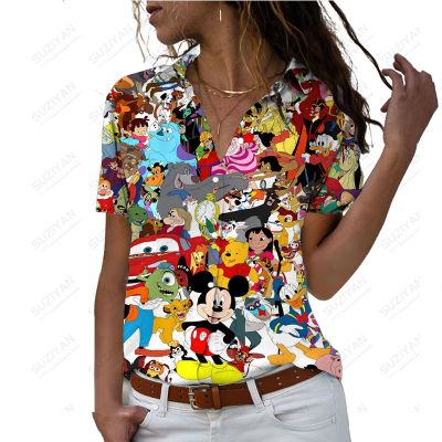 Disney เสื้อคาร์ดิแกนกระดุมเสื้อลายการ์ตูนน่ารัก,เสื้อฮาราจูกุทรงหลวมฤดูร้อนแขนสั้นเสื้อเชิ้ตลำลอง3D 2023ใหม่