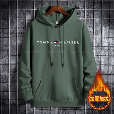 TOP☆Tommy TOMMY plus velvet cotton sweater mens winter hooded youth loose casual popular large size hoodie Tomi