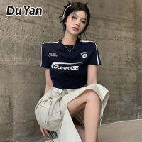 Du Yan 2023เสื้อยืดผู้หญิงบาง,เสื้อเชิ๊ตพิมพ์ลายตัวอักษรสองตัวโมเดลลำลองขาสั้นสไตล์กีฬาอเมริกาแบบย้อนยุคมาใหม่