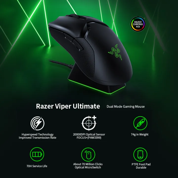 Razer Viper Ultimate Hyperspeed Lightest Wire Less Gaming Mouse Focus Optical Sensor 000dpi Chroma Lighting 8 Programmable Buttons 70 Hr Bat Tery Rgb Charging Dock Lazada Ph