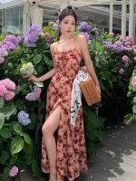 Sweet spicy dry rose thin female summer vacation wind condole belt dress sexy backless split long skirt restoring ancient ways