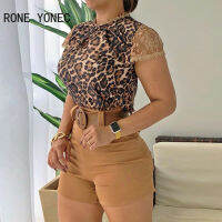 Women Elegant Leopard Print Keyhole Lace Trim Short Sleeve &amp; Shorts Set Casual Set Vacation Set