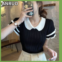 ANRUO เสื้อคอตุ๊กตาผ้าไอซ์ซิลค์แขนสั้นสำหรับผู้หญิง,เสื้อเสื้อกันหนาวแบบถักแฟชั่นสไตล์ฝรั่งเศสแบบบางใส่ในฤดูร้อน