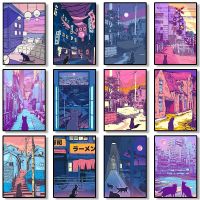 ญี่ปุ่นอะนิเมะโปสเตอร์ Neon City Night Black Cat Moon Illustrator ภาพวาดผ้าใบ Wall Art Kawaii Room Decor ภายในโปสเตอร์ HD